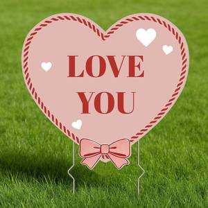 lot 411313 image: Valentines Yard Sign, 24 Inch Coral Pink Heart-Shape Lawn Sign with Metal Stake,Outdoor Decor, Pre-Printed  LOVE YOU  Design