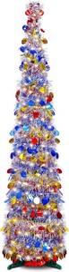lot 411326 image: Pop Up Christmas Tree with Lights, 5Ft Collapsible Tinsel Pencil Xmas Tree for Home Office Fireplace Holiday Party Indoor Decorations (Sliver)