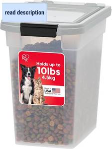 lot 311335 image: IRIS USA Airtight Dog Food Storage Container, WeatherPro, Up to 10 lbs, for Dog Cat Bird and Other Pet Food Storage Bin, Keep Fresh, Translucent Body, Made in USA, ClearGray