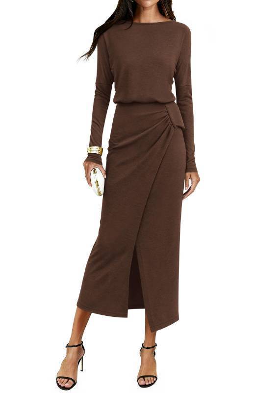 lot 59120 image: KIRUNDO Womens Cocktail Wedding Guest Maxi Dress Lightweight Long Sleeve Boat Neck Knit Ruched Slit Slimming Dresses(Dark Brown, X-Large)