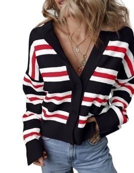 lot 32953 image: Red White Black Striped V-Neck Sweater XL - Retail $25