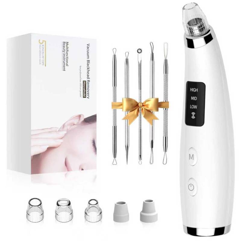 lot 27007 image: Rechargeable Blackhead Vacuum Pore Cleaner - 5 Attachments & 3 Suction Levels for Deep Facial Cleansing, USB-Powered Blackhead Remover for Women and Men (White) - Retail $24