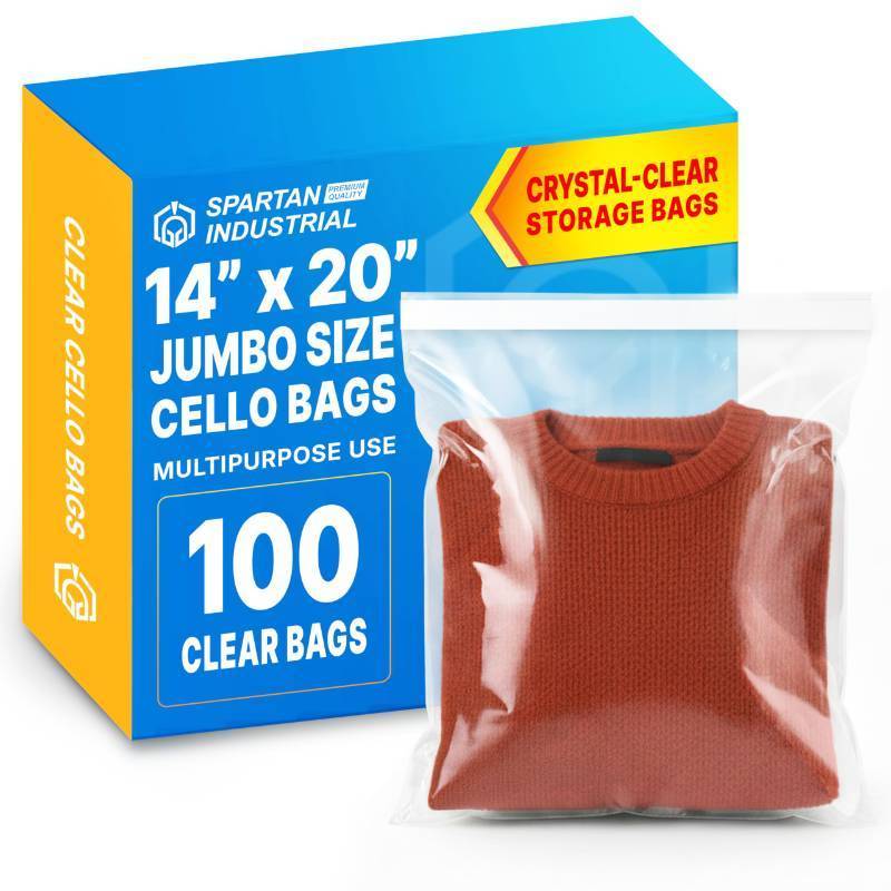 lot 50830 image: 14 X 20 Self-Sealing Cellophane Bags (100 Count) Clear Poly Packaging for Clothing, Hoodies, Shirts, Apparel - Reinforced Resealable Cello Bags for Small Business Shipping - Spartan Industrial - Retail $20