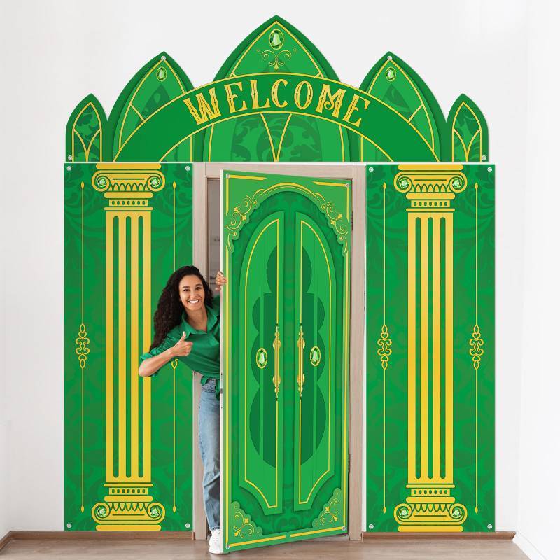 lot 41137 image: VitalCozy 4 Pcs Green Castle Door Cover 6.5 x 3 ft Green Castle Backdrop Fairytale Backdrop Wonderland Hanging Banner Porch Sign for Home Bar Backyard Decorations Halloween Cosplay Party Supplies - Retail $24