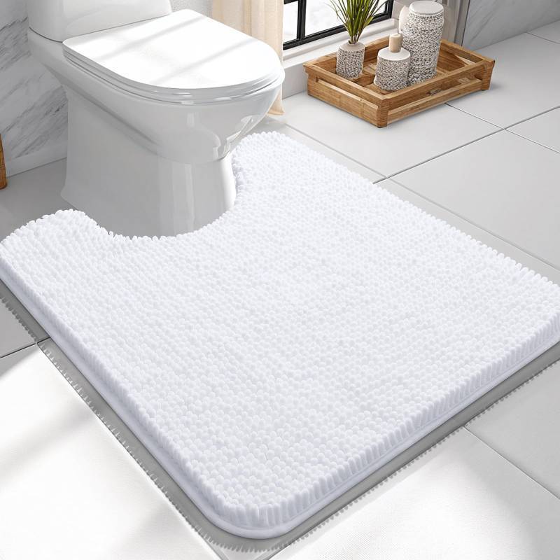 lot 50733 image: OLANLY Toilet Rugs U-Shaped 24x24, Extra Soft Absorbent Chenille Contour Bathroom Rugs for Toilet, Dry Quickly, Machine Washable, Non-Slip Bath Mat, White - Retail $23