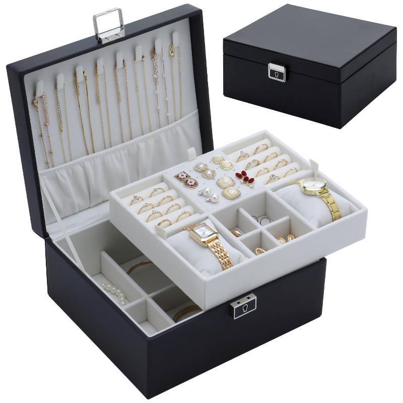 lot 44777 image: LISRUGEN Jewelry Organizer Box for Girls Women,2 Layer Large Genuine Leather Jewelry Organizers and Storage with Lock Removable Velvet Jewelry Tray,Christmas Gifts for Mom,Black - Retail $20