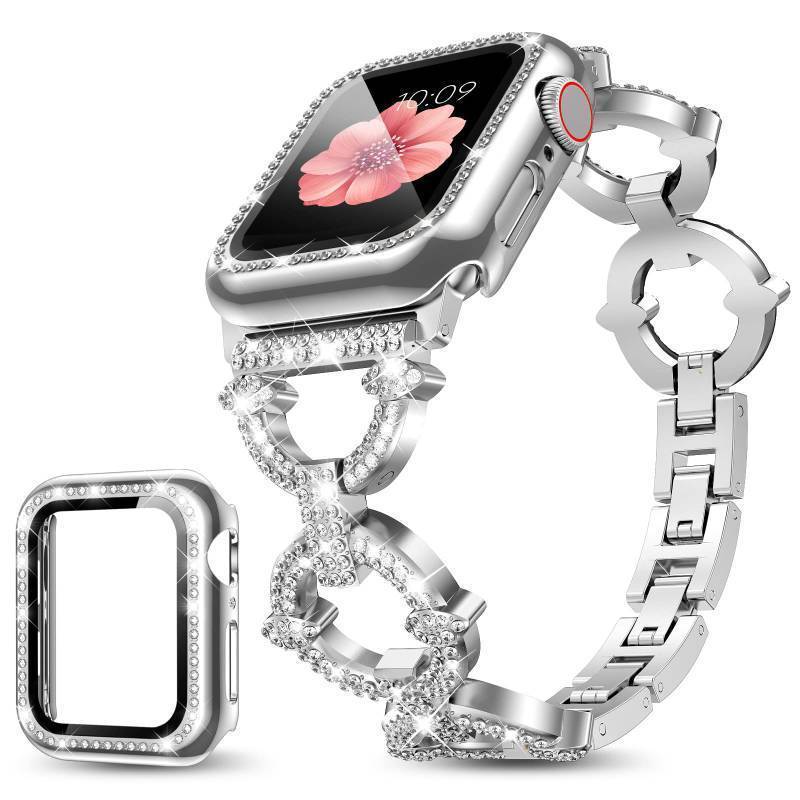 lot 41116 image: Mesime Compatible with Apple Watch Band 38mm 40mm 41mm 42mm 44mm 45mm , Women Girl Bling Diamond Jewelry Metal Strap Bands with Crystal Tempered Glass Screen Protector Case, Round Shiny Bracelet - Retail $15
