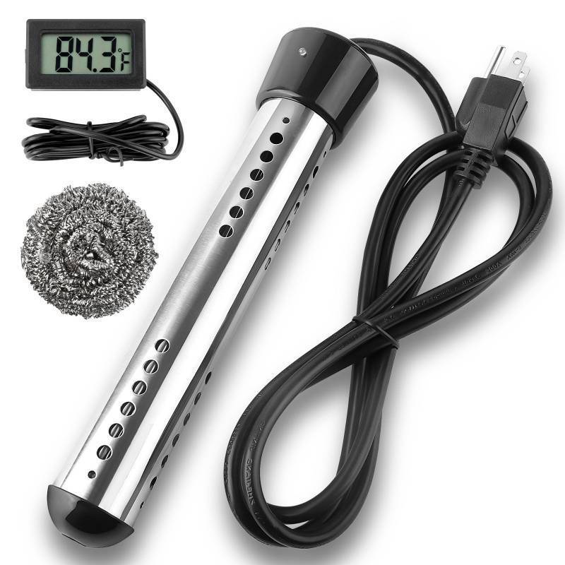 lot 44856 image: Immersion Water Heater, Portable Water Heater Electric with 304 S S Guard & LCD Thermometer, Submersible Bucket Heater Heat 5 Gallons of Water in Minutes for Home Bathtub Basin 2000W - Retail $28