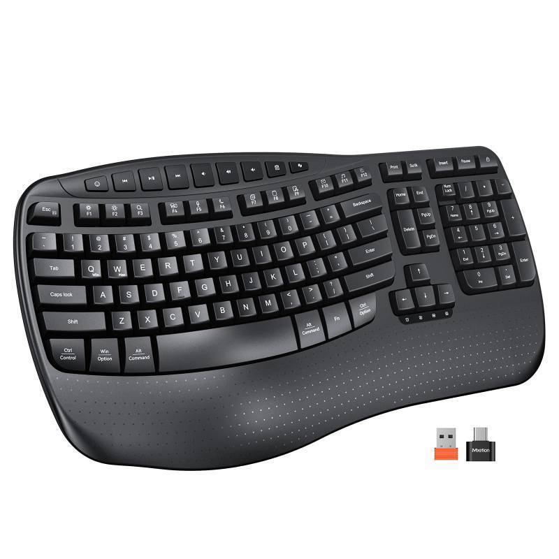 lot 58544 image: MEETION Wireless Ergonomic Keyboard, Wave Keys Firm Wrist Rest for Natural Typing, 2.4G USB-A Cordless Receiver and USB-C Adapter, Ergo Computer Keyboard Compatible with WindowsMacPCLaptop, Black - Retail $36