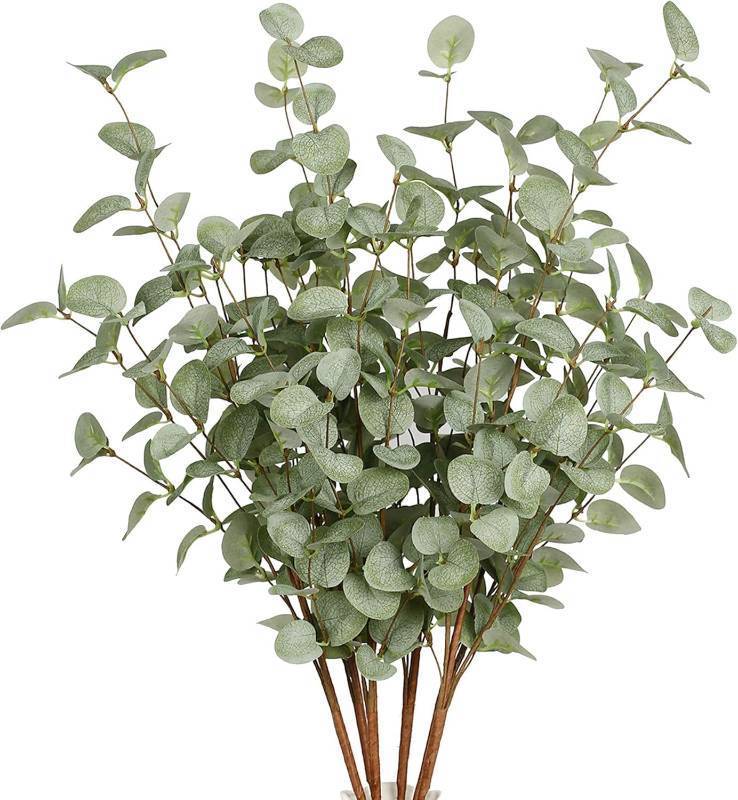 lot 50842 image: VGIA 12 Pcs 27 Eucalyptus Stems Greenery Stems Eucalyptus Leaf Spray in Green Silk Plastic Plants Floral Artificial Plants for Home Party Wedding Decoration - Retail $37