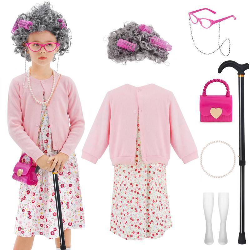 lot 50886 image: WooWee Kids Girl 100 Days of School Costume, Old Lady Costume for Kids, Halloween Cosplay Dress Up - Retail $22