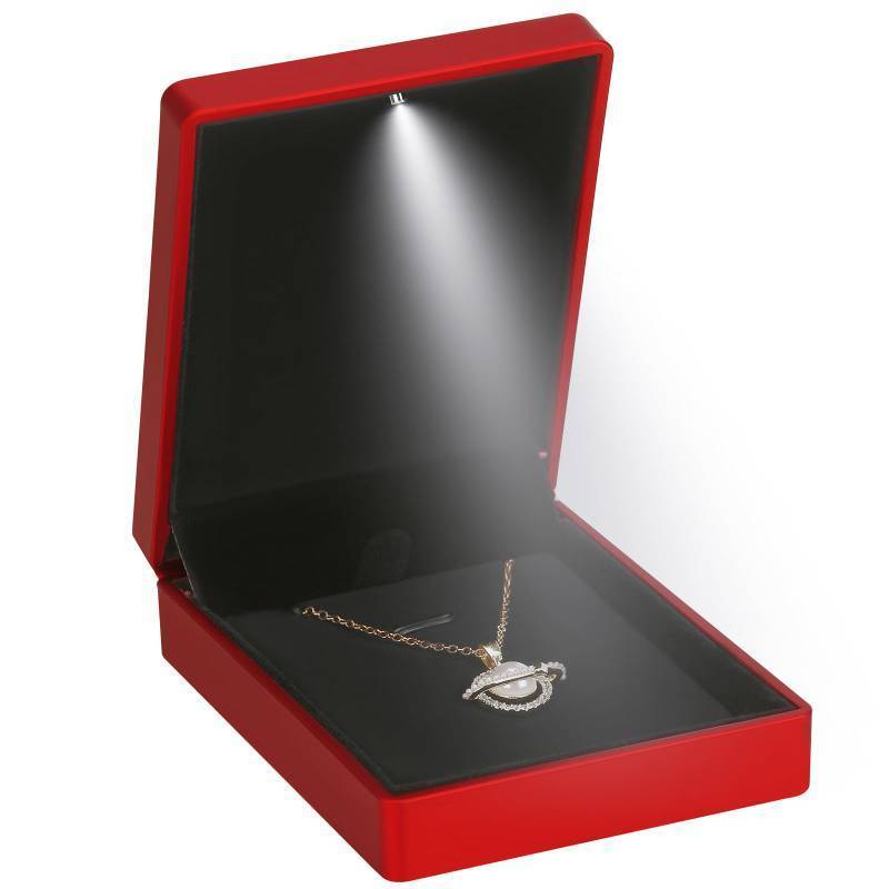 lot 58881 image: LED Light Pendant Necklace Gift Box, Velvet Jewelry Storage Display Case for Proposal Engagement Wedding Anniversary Birthday Valentines Day (Red) - Retail $8