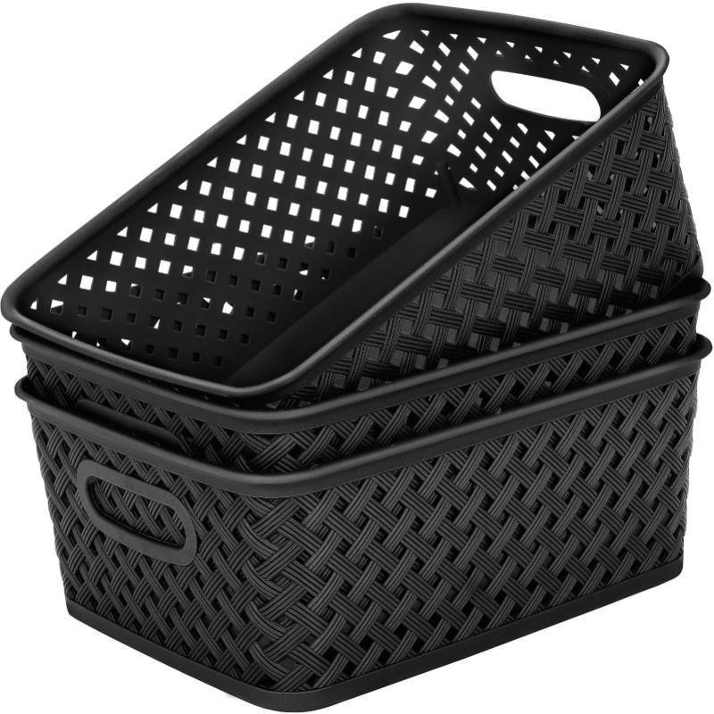 lot 58904 image: MaxGear Organization and Storage 3 Packs, Plastic Bins Organizer Bins, Woven Baskets for Storage, Plastic Baskets with Handles, Black Basket for Organizing, Basket Organizer for Home and Office, Large - Retail $20