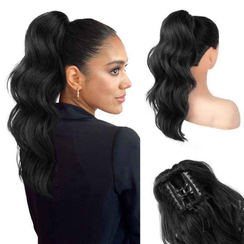 lot 58915 image: HOOJIH Clip in Ponytail Extension, Ponytail Extension 18 Inch Hair Ponytail Extension Wavy Ponytail Fluffy Soft Clip on Ponytail Synthetic Fiber Ponytail Hair Pieces for Women - Black - Retail $17