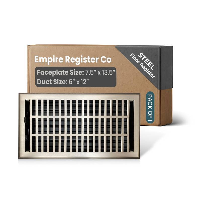 lot 50022 image: Empire Register Co, Vent Cover - 6x12 inch, Modern Contemporary Design, Brushed Nickel Finish, Heavy Duty Floor Vent Covers, Metal Damper Attached Vent Covers for Home Floor only - Retail $38