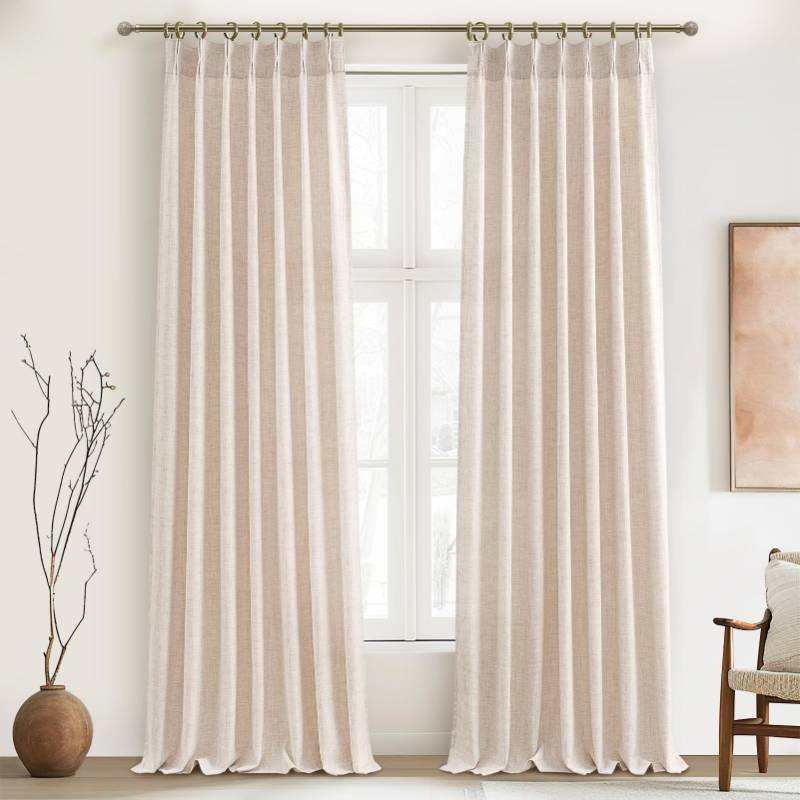 lot 59061 image: Pinch Pleat Linen Sheer Curtains 90 Inches Long for Living Room, Elegant Boho Thick Burlap Pleated Memory Trained Viral Curtain Kid RoomOffice 2 Panel Set Light Filtering Privacy 90 Inch Length Taupe - Retail $49