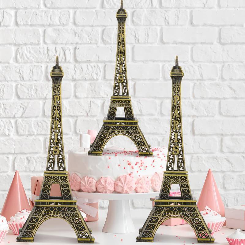 lot 29321 image: Shimeyao 3 Pcs 6 Inch Eiffel Tower Cake Topper Paris Small Eiffel Tower Centerpiece for Tables Top Mini Statue Figurine Home Decoration for Souvenirs Christmas Party Ornament - Retail $17