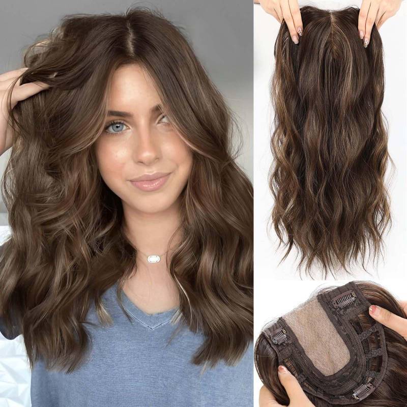 lot 29342 image: HAIRCUBE 20 inch Wavy Hair Toppers for Women Heat Resistant Fibre Synthetic 6  6 inch Base Toppers for Women with Thinning(Chestnut Brown & Honey Blonde)