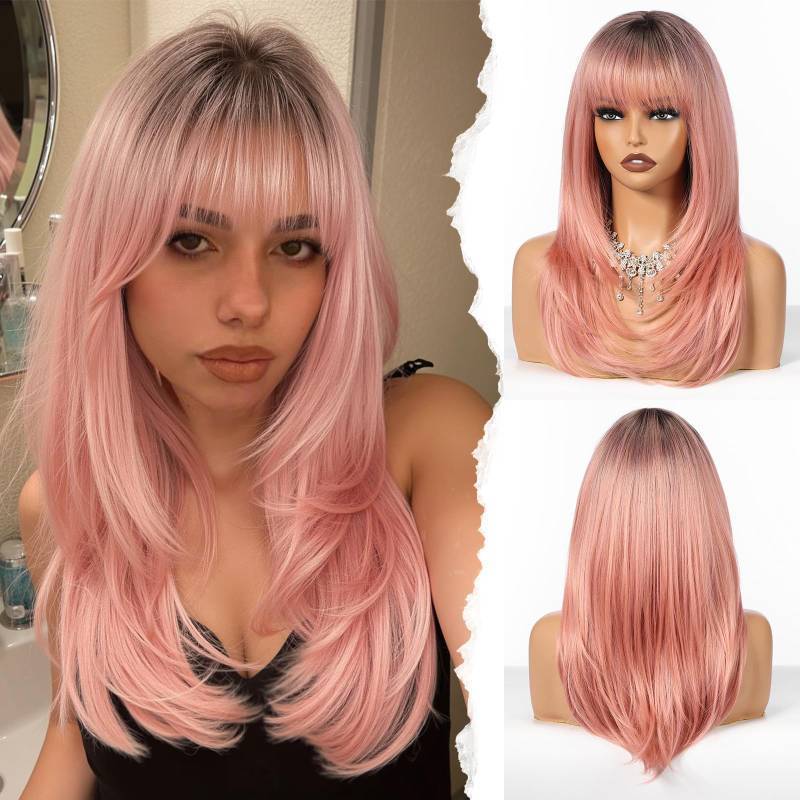 lot 32026 image: HAIRCUBE Layered Pink Medium Long Straight Synthetic Wigs for Women with Bangs Heat Resistant Natural Look for Daily Use - Retail $29