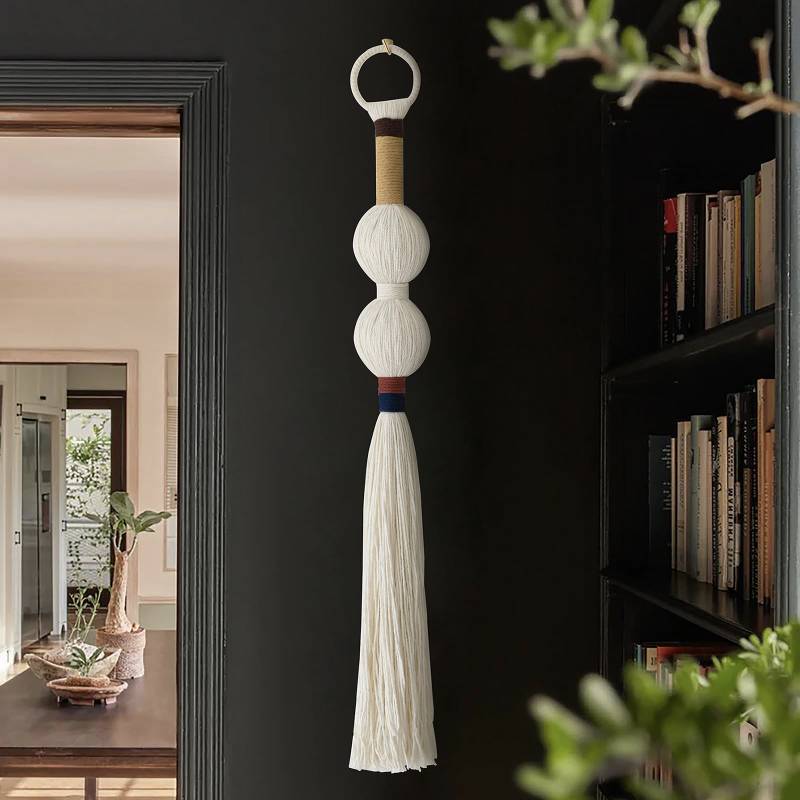 lot 32031 image: IOWER Macrame Wall Hanging Boho Decor Yarn Wall Art Small Sphericity Cotton Textile Tassel Hanging Fiber Art for Living Room Bedroom 27 L x 2.3 W - Retail $15