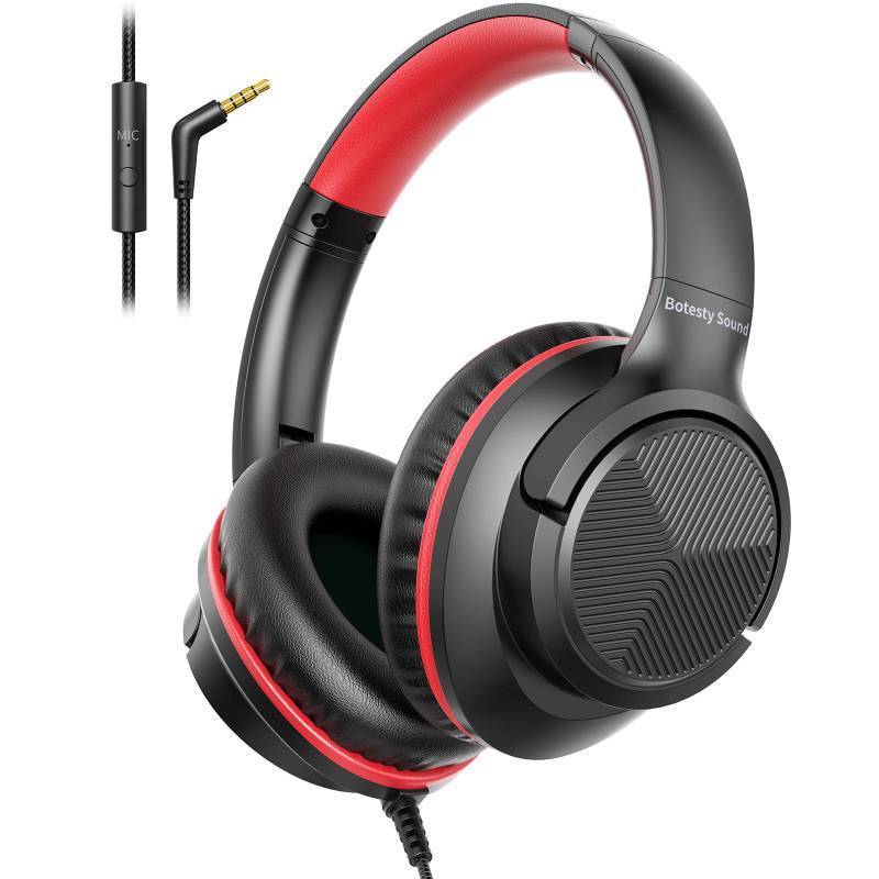 lot 32044 image: Botesty Sound Headphones Wired with Microphone, Over Ear Foldable 3.5mm Plug in Headphones Corded with 4.9ft Tangle-Free Nylon Cord for Tablet, Laptop, MP34, School, Airplane Travel (Black Red) - Retail $20