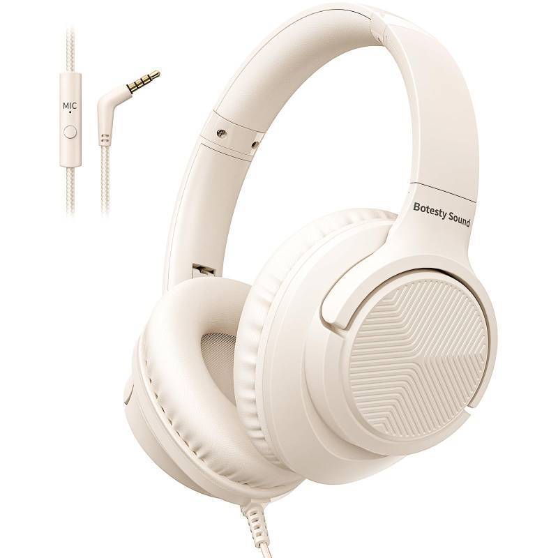 lot 32068 image: Botesty Sound Headphones Wired with Microphone, Over Ear Foldable 3.5mm Plug in Headphones Corded with 4.9ft Tangle-Free Nylon Cord for Tablet, Laptop, MP34, School, Airplane Travel (Beige) - Retail $17
