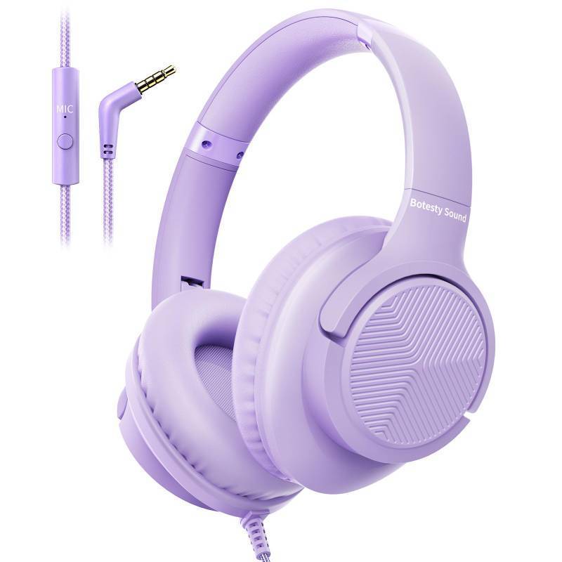lot 43700 image: Botesty Sound Headphones Wired with Microphone, Over Ear Foldable 3.5mm Plug in Headphones with 4.9ft Tangle-Free Nylon Cord for Tablet, Laptop, MP34, School, Airplane Travel (Purple) - Retail $23