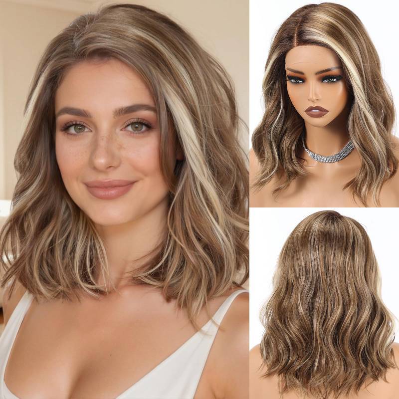 lot 43710 image: HAIRCUBE Synthetic T Lace Front Wig,Side-Parted Glueless Lace Wigs for Women, 16-Inch Shoulder Length Wavy Style for Daily Wear, Party & Date (Blonde balayage) - Retail $50