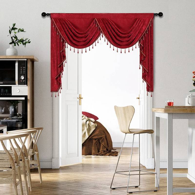 lot 43739 image: ELKCA Thick Chenille Window Curtains Valance for Living Room, Burgundy Red Valance with Beads for Festival Holiday,Rod Pocket (W59inch,1 Panel) - Retail $70