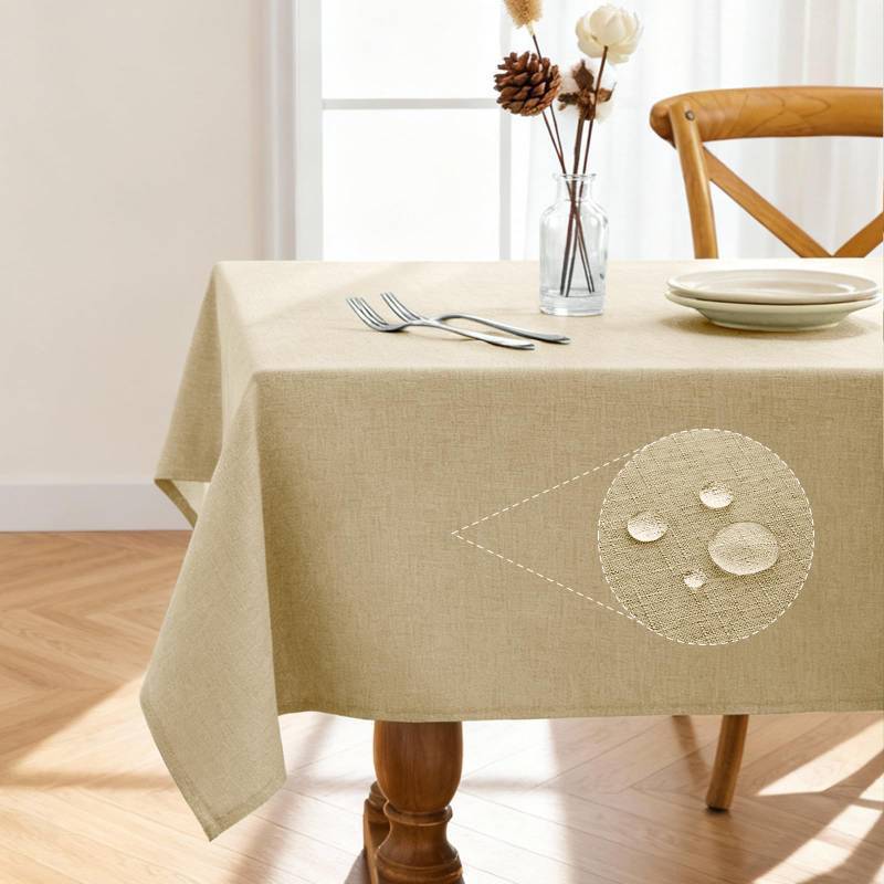 lot 43746 image: Pureegg Rectangle Linen Tablecloth Waterproof & Stain Resistant, Wrinkle-Free Table Cloth Adds Elegance and Protection, Ideal for Dining, Party, Wedding and Outdoor, 60 x 84 Inch, Beige - Retail $20