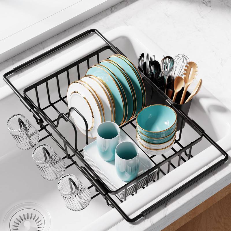 lot 62581 image: Sakugi Dish Drying Rack in Sink - Expandable Stainless Steel Dish Rack Over the Sink, Kitchen Sink Drain Strainer with Cutlery Holder & Cup Holders, 15.4 x 9.8 x 3.0 Inch, Black - Retail $20