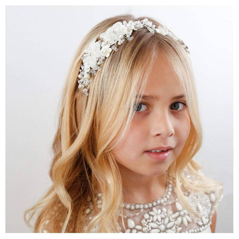 lot 40762 image: SWEETV Flower Girl Headpiece Ivory Tulle Flowers Wedding Headband for Girls, Princess Pearl Hair Accessories for Birthday Party, First Communion - Retail $25