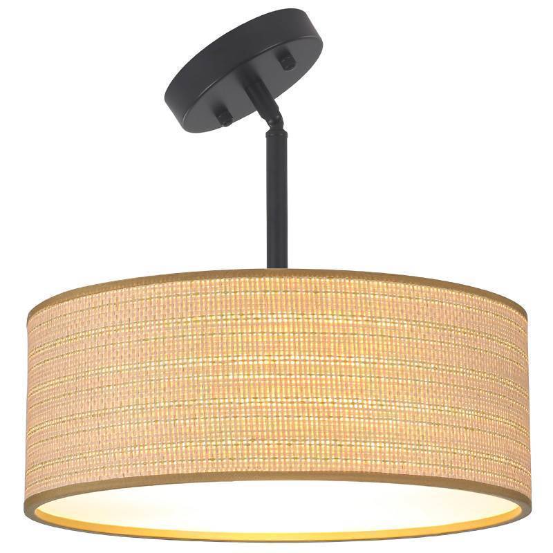 lot 50090 image: Heircido Rattan Sloped Ceiling Light Fixture, 13 Woven Boho Semi Flush Mount Lights with Drum Fabric Shade, Lighting for Bedroom, Dining Room, Living Room, Hallway, Entryway - Retail $52