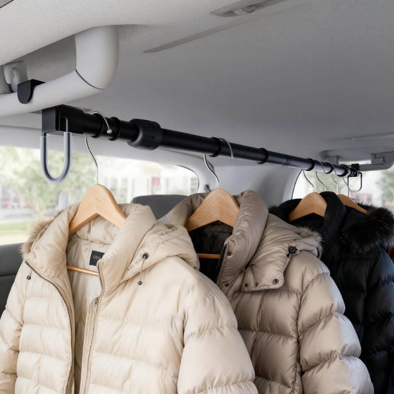 lot 50963 image: Adjustable Car Clothes Hanger Bar 35-60 Inches Heavy Duty Travel Garment Organizer, Anti-Wrinkle, Non-Slip Rubber Bands, Fits Cars, SUVs, Vans and Trucks - Retail $20