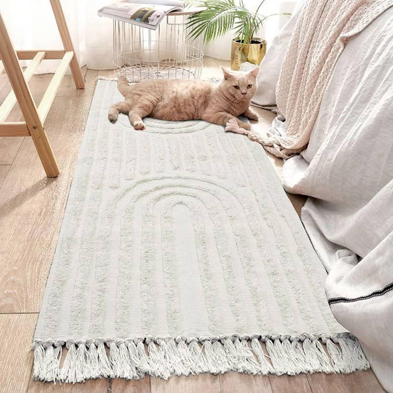 lot 50979 image: LEEVAN Boho Runner Rug Washable 2x5 Woven Beige Cotton Farmhouse Kitchen Rugs with Tassels Bohemian Rainbow Hallway Accent Rug for BedroomBathroomLaundry or Living Room - Retail $36