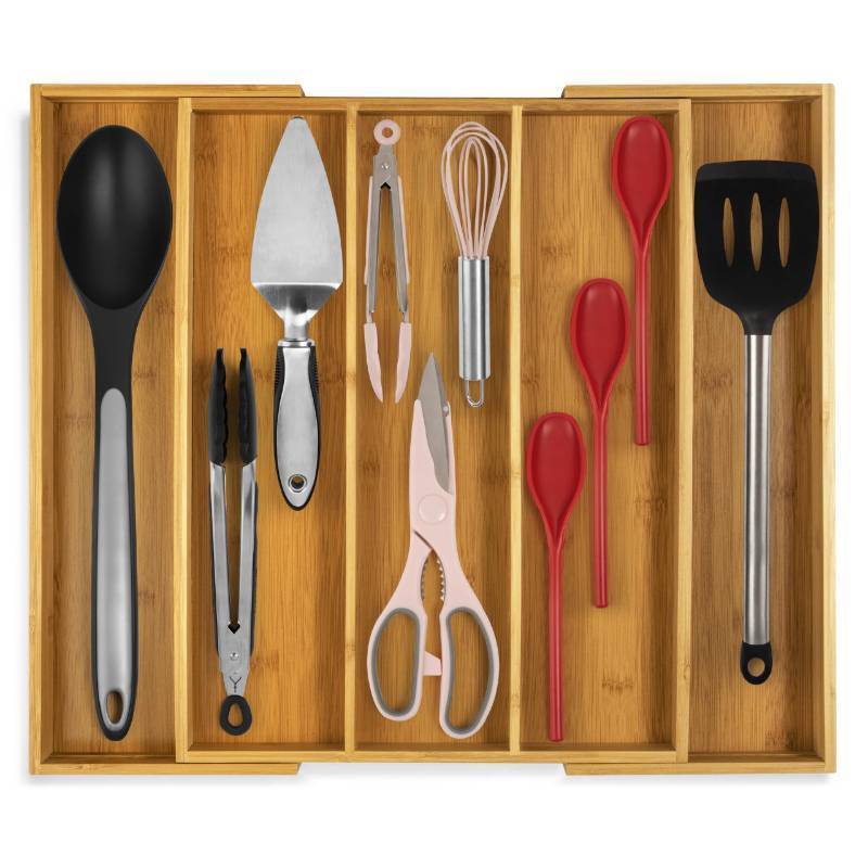 lot 50998 image: Purawood Kitchen Drawer Organizer - Expandable Utensil Drawer Organizer for Kitchen, Cutlery Tray & Silverware Organizer, 3-5 Slots - Bamboo Organizer for Utensils & Flatware (Natural) - Retail $40