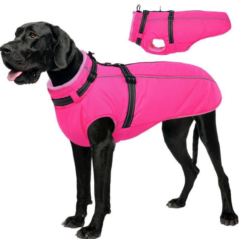 lot 51044 image: Lelepet Dog Winter Coat Waterproof Dog Jacket with Harness Built in Windproof Reflective Pet Coats for Extra Large Dogs, Thermal Fleece Lined Coats for Cold Weather Walking, Great Dane, Rose Red, 3XL - Retail $49