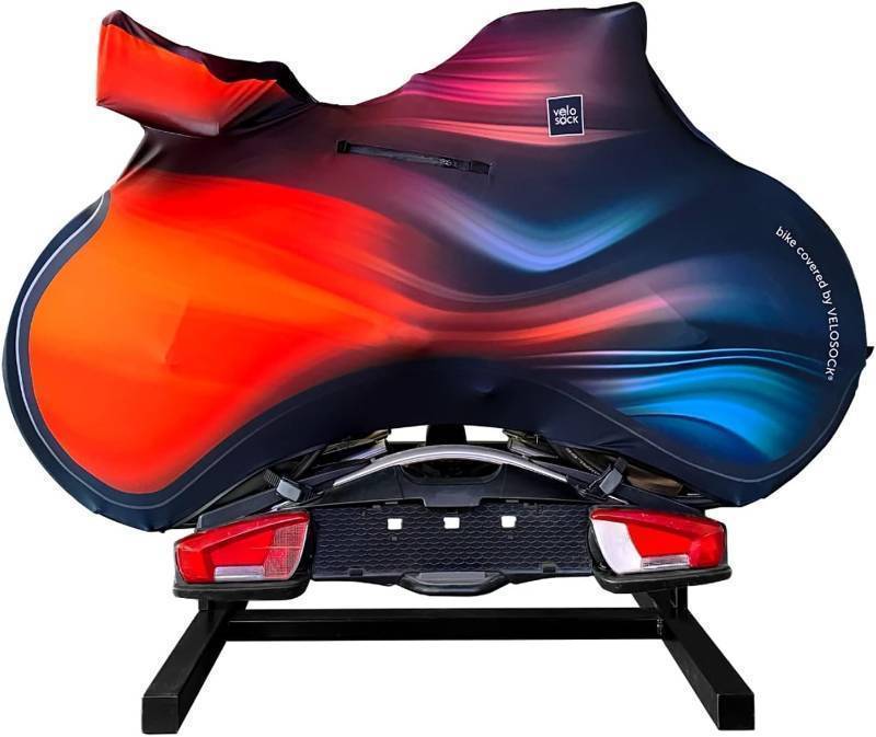 lot 59643 image: VELOSOCK Bicycle Cover for Car Racks Motion Wave - Full Bike Protection, Travel-Friendly, Water-Resistant, and Durable - for ROAD bikes - Retail $151