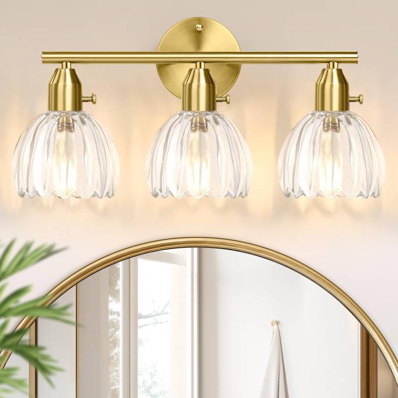 lot 61653 image: CNOIJUTS 3-Light Bathroom Light Fixtures, Gold Bathroom Wall Light with Clear Tulip Glass Shade, Brass Bathroom Wall Lamp for Mirror Kitchen Living Room Hallway Cabinet