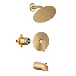 lot 16970 image: HoliSpa Tub Shower Faucet, Brushed Gold Shower Faucet Set with 8-Inch All-Metal Rainfall Showerhead and Bathtub Spout, Single-Handle Tub Shower-Trim Kit Included Valve, Brushed Gold - Retail $100