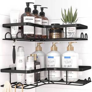 lot 29446 image: Sakugi Corner Shower Caddy - 2 Pack, Adhesive Shower Organizers, Rustproof Stainless Steel Shower Shelves with 8 Hooks, No Drilling Bathroom Organizers and Storage Racks, Space-Saving, Black, Large - Retail $25