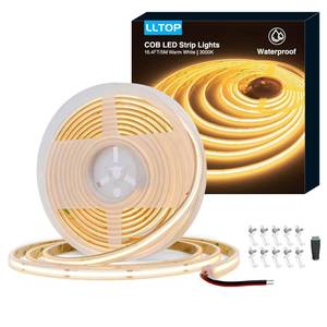 lot 29452 image: LLTOP COB LED Strip Lights Waterproof IP67 DC24v Warm White 3000K 16.4ft5m High CRI 92Ra Outdoor LED Tape Lighting DIY Cuttable for Bedroom Kitchen Cabinet Shelf (Power Supply Not Included) - Retail $33