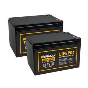 lot 29466 image: NERMAK 2 Pack 12V 12Ah LiFePO4 Deep Cycle Battery, 2000 Cycles Lithium Iron Phosphate Rechargeable Battery for Solar Power,Lighting, Power Wheels, Fish Finder, Scooters and More, Built-in 12A BMS - Retail $65