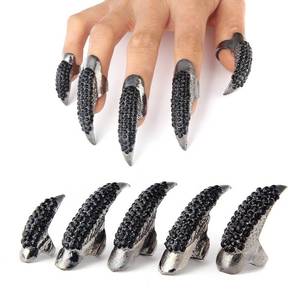 lot 29483 image: 10 Pcs Halloween Costume Fake Finger Claws - Gothic Punk Cosplay Nail Rings - Sparkling Crystals Paved Party Accessories for Girls Women Men - Witch Vampire Paw Fingertip Claw Nails, 3 Sizes - Black - Retail $15