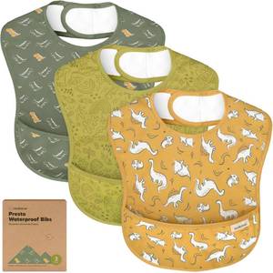 lot 29494 image: KeaBabies 3-Pack Waterproof Baby Bibs for Eating - Lightweight Toddler Feeding Bibs with Large Food Catcher, Mess Proof, Food-Grade Baby Eating Essentials, Easy to Put On & Clean (Mesozoic) - Retail $10