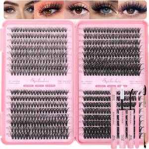 lot 29495 image: Lash Clusters Kit, 640 Pcs Eyelashes Clusters Extensions Kit 9-16mm Individual Lashes D Curl Fluffy Wispy False Eyelashes Thin Band with Bond Seal Tweezers Brush DIY (30D40D50D60D Kit 9-16mm) - Retail $10