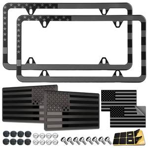 lot 29504 image: American Flag License Plate Frames - 2 Pack Black Stainless Steel Patriotic USA Car Tag Frame with UV-Printed Flag & 3D Metal Decals - Retail $14