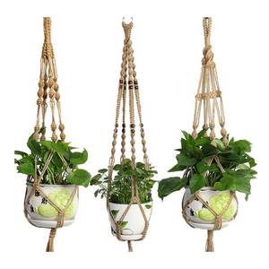 lot 32324 image: LANGUGU Set of 3 Macrame Plant Hanger Jute Rope Beads Wall Hanging Planter Basket for Indoor Outdoor Flower Pot Plant Holder Wall Art Vintage-Inspired Home Decor, 4 Legs 41 inch - Retail $15