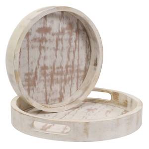 lot 32357 image: Winlay Decorative Coffee Table Tray, Set of 2 White, Wooden Round Serving Tray for Living Room, Wood Ottoman or Side Table, Charcuterie Board Cheese Platter, Fruit Baskets, White Distress, 12x12x1.5 - Retail $30
