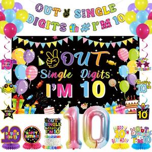 lot 32361 image: Holkcog 10th Birthday Decorations Colourful Peace Out Single Digits Tenth Birthday Party Backdrop 10 Years Old Happy Birthday Decorations for Girl Boy 10th Birthday Cake Topper Balloon Party Supply - Retail $22